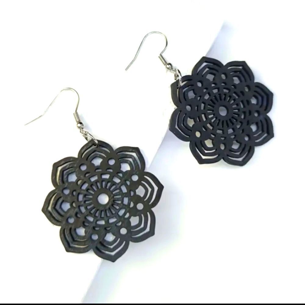 Black wood mandala earrings hollowed out floral boho jewelry